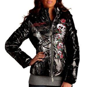 Ed Hardy Skull Roses Jacket Puffer Hooded Jacket Women NEW Size M